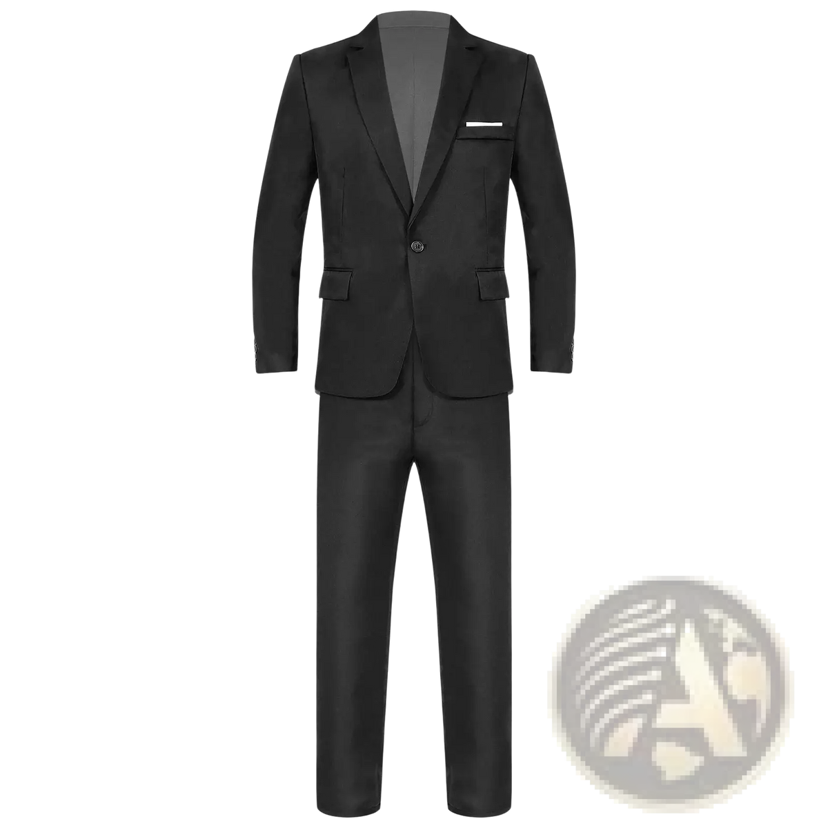 Men formal suit two piece blazer and pants set in black tailored fabric with subtle sheen and single-breasted jacket