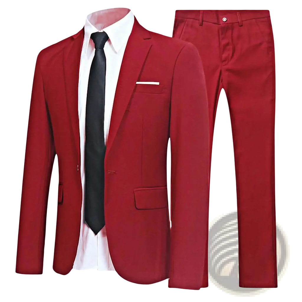 Men formal suit two piece blazer and pants set in crimson red with matching trousers and a black tie for formal occasions