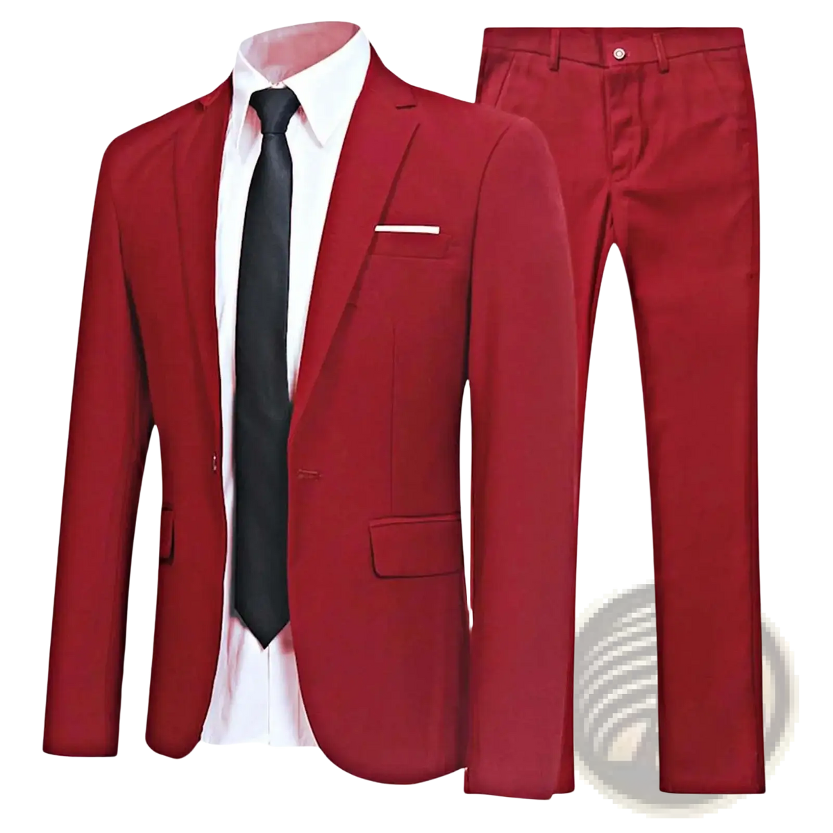 Men formal suit two piece blazer and pants set in crimson red with matching trousers and a black tie for formal occasions