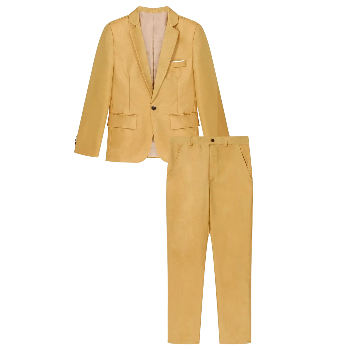 Men formal suit two piece blazer and pants set in mustard yellow crafted from smooth fabric for a polished look