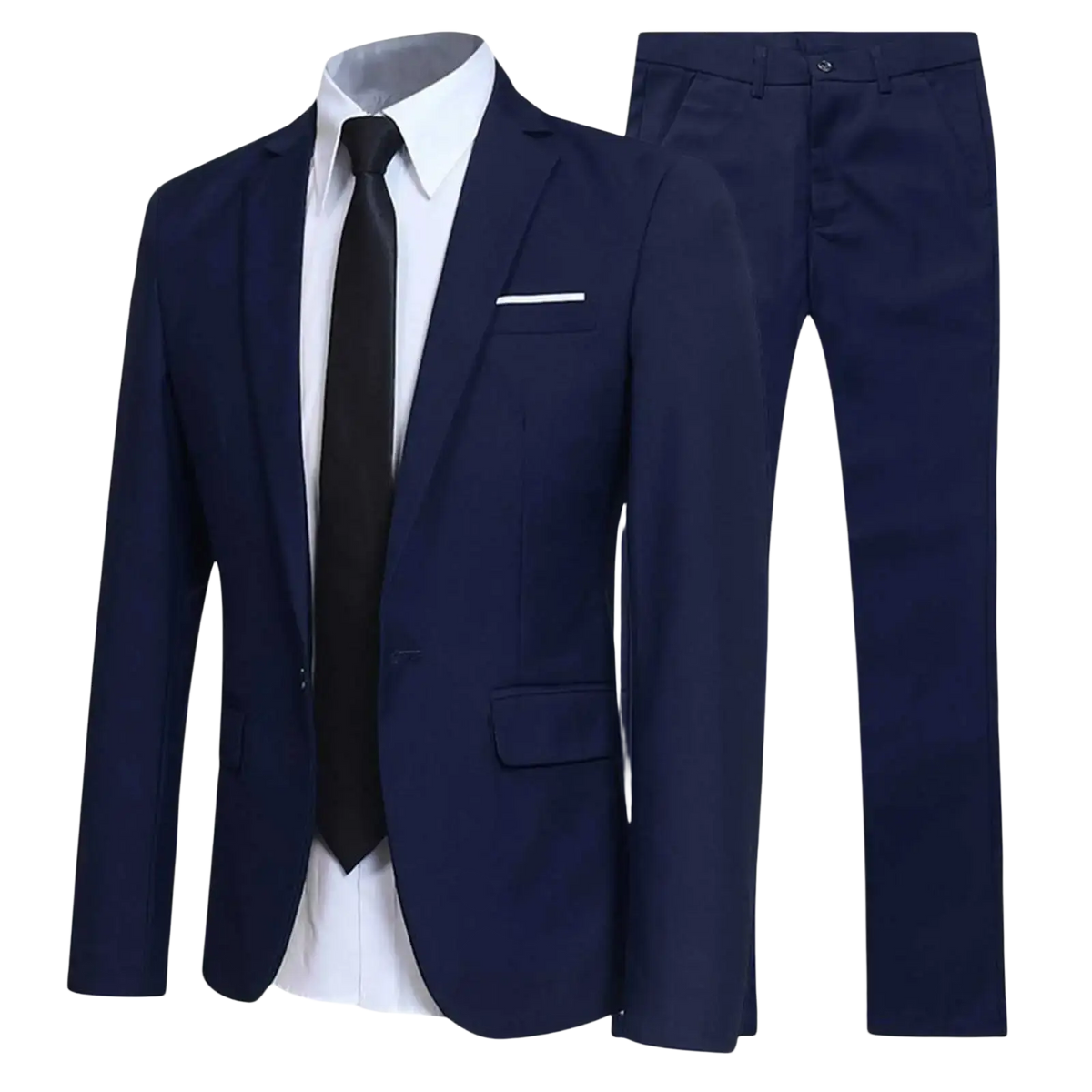 Navy blue men formal two-piece suit with blazer and pants paired with white dress shirt and black tie