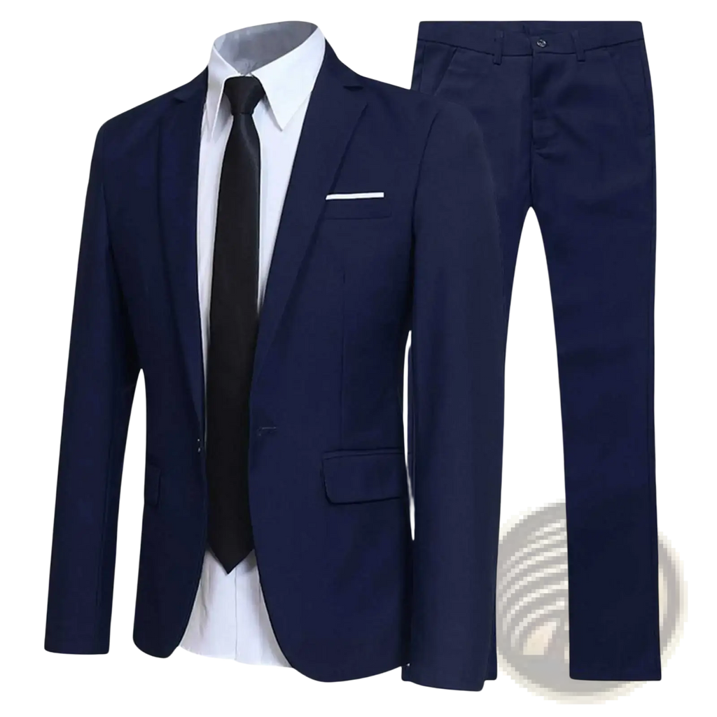 Navy blue men formal two-piece suit with blazer and pants paired with white dress shirt and black tie