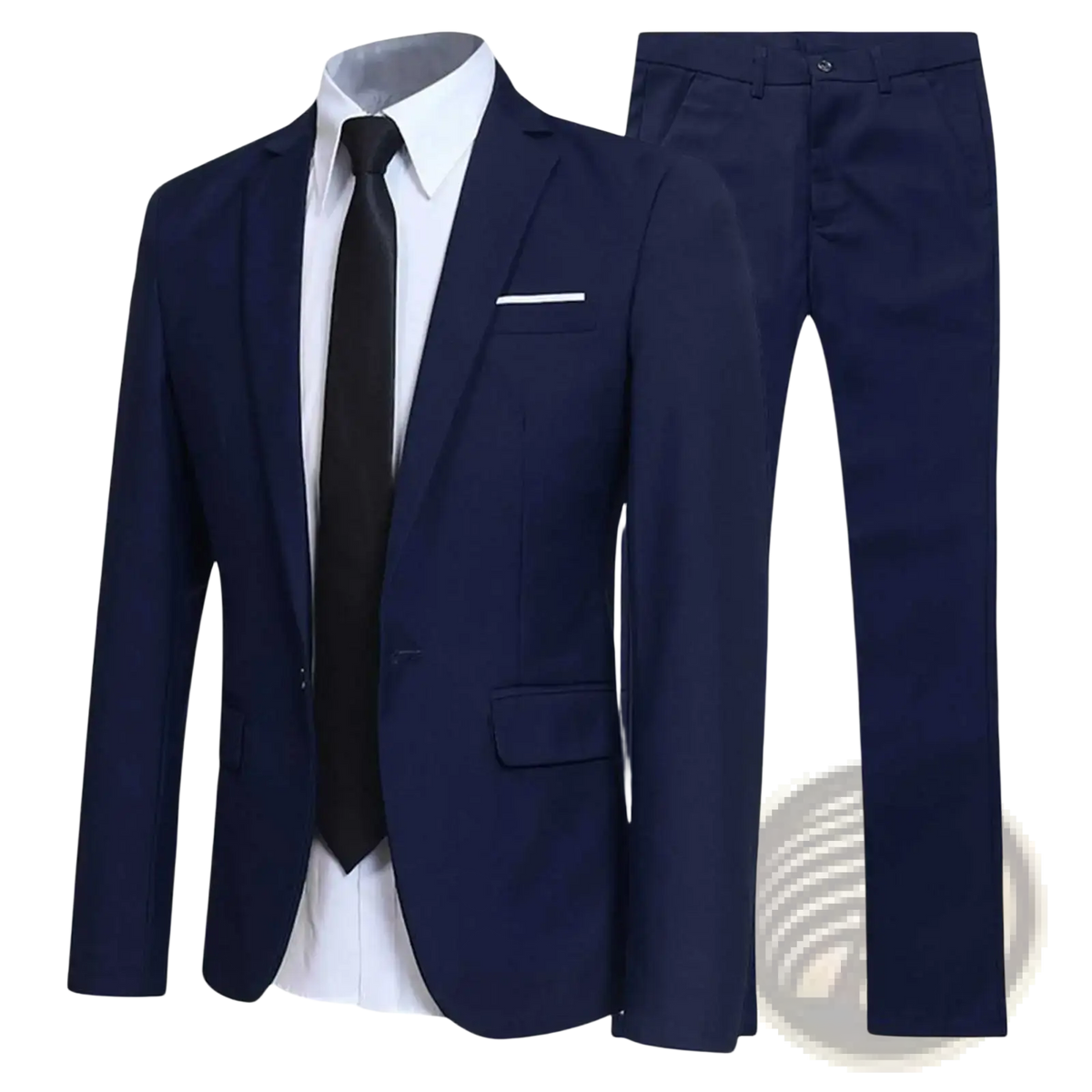 Navy blue men formal two-piece suit with blazer and pants paired with white dress shirt and black tie