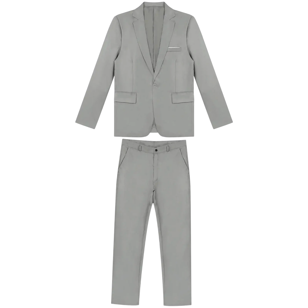 A sleek light gray men formal suit two piece blazer and pants set made of tailored fabric for professional use