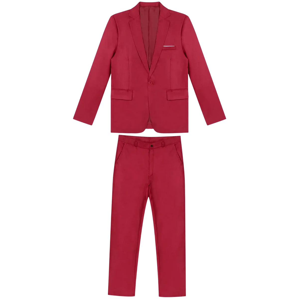 A sleek solid red two-piece men formal suit with a tailored blazer and matching trousers
