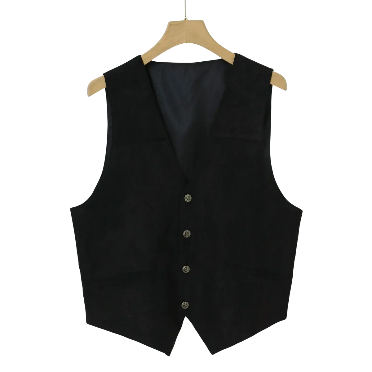 Men formal vest satin sleeveless outerwear in black with silver buttons and a sleek tailored design