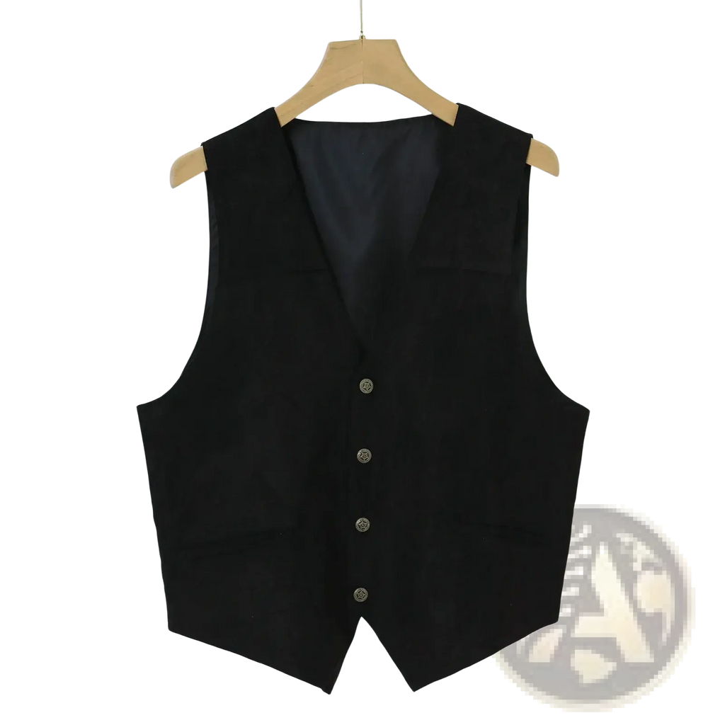 Men formal vest satin sleeveless outerwear in black with silver buttons and a sleek tailored design