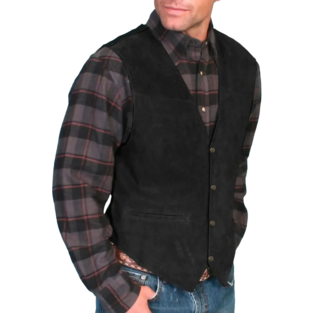 Men formal vest in black suede with button closure and front pocket designed as sleeveless outerwear