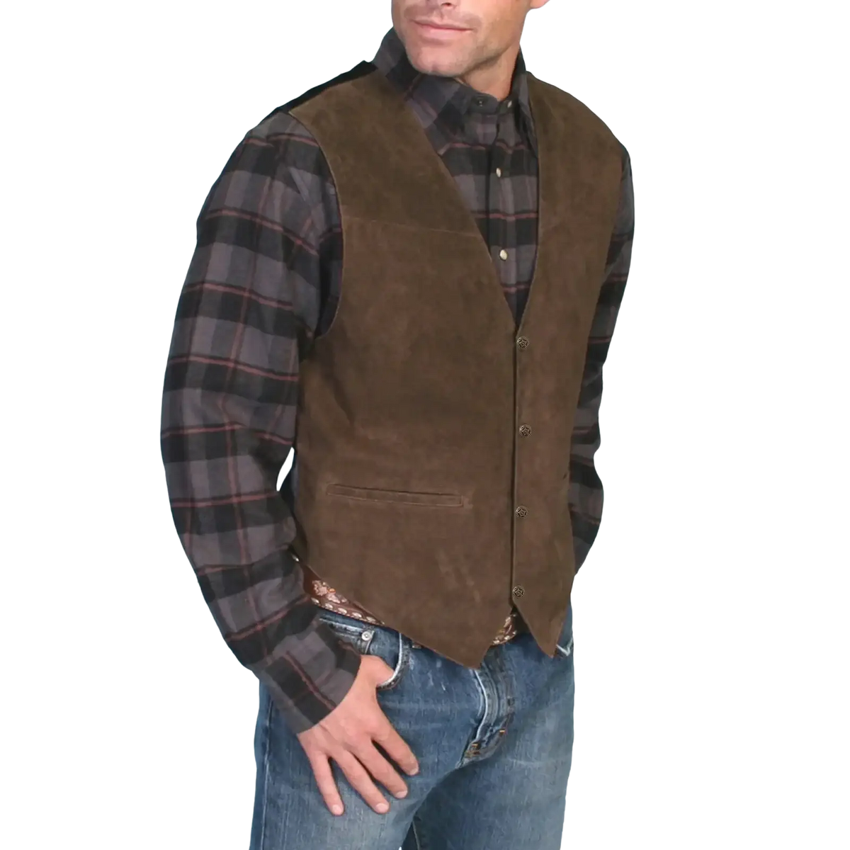 Men formal brown suede vest with dark brown buttons and single front pocket sleeveless outerwear