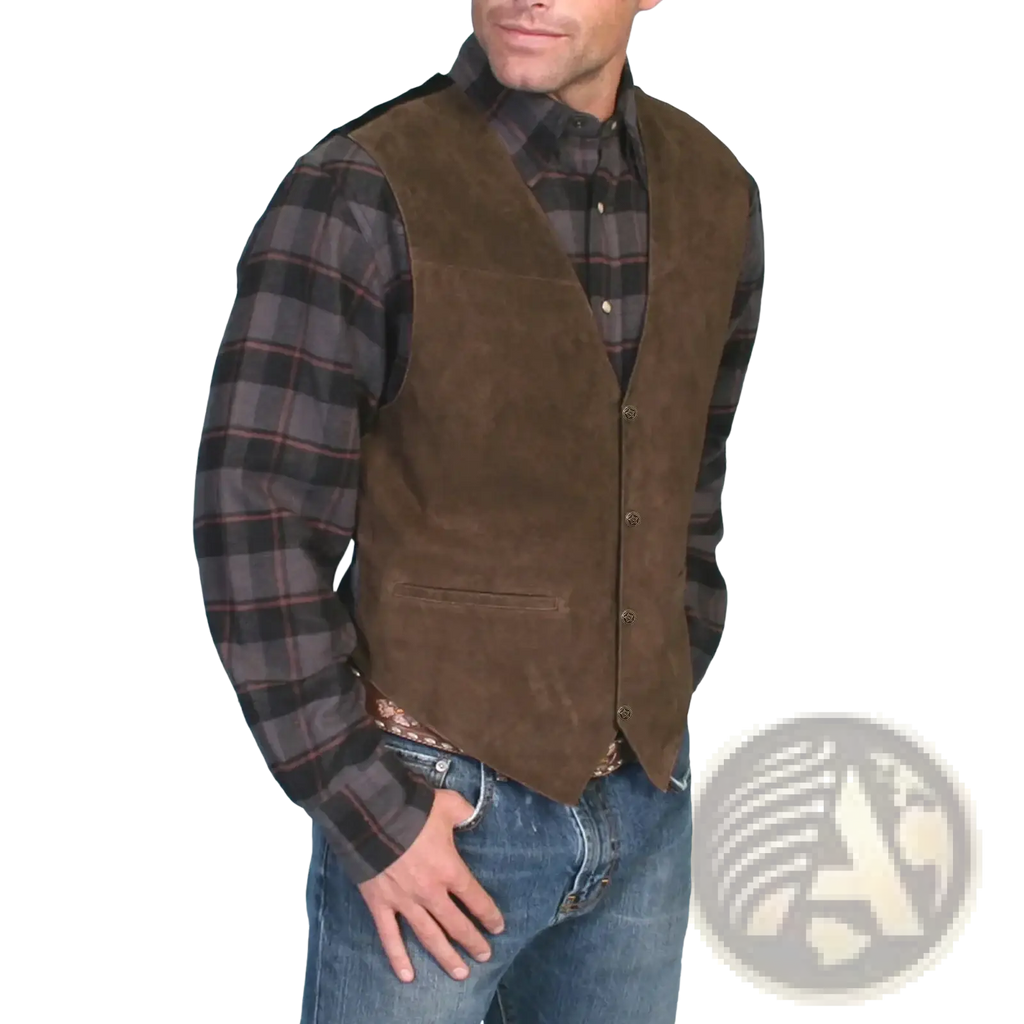 Men formal brown suede vest with dark brown buttons and single front pocket sleeveless outerwear