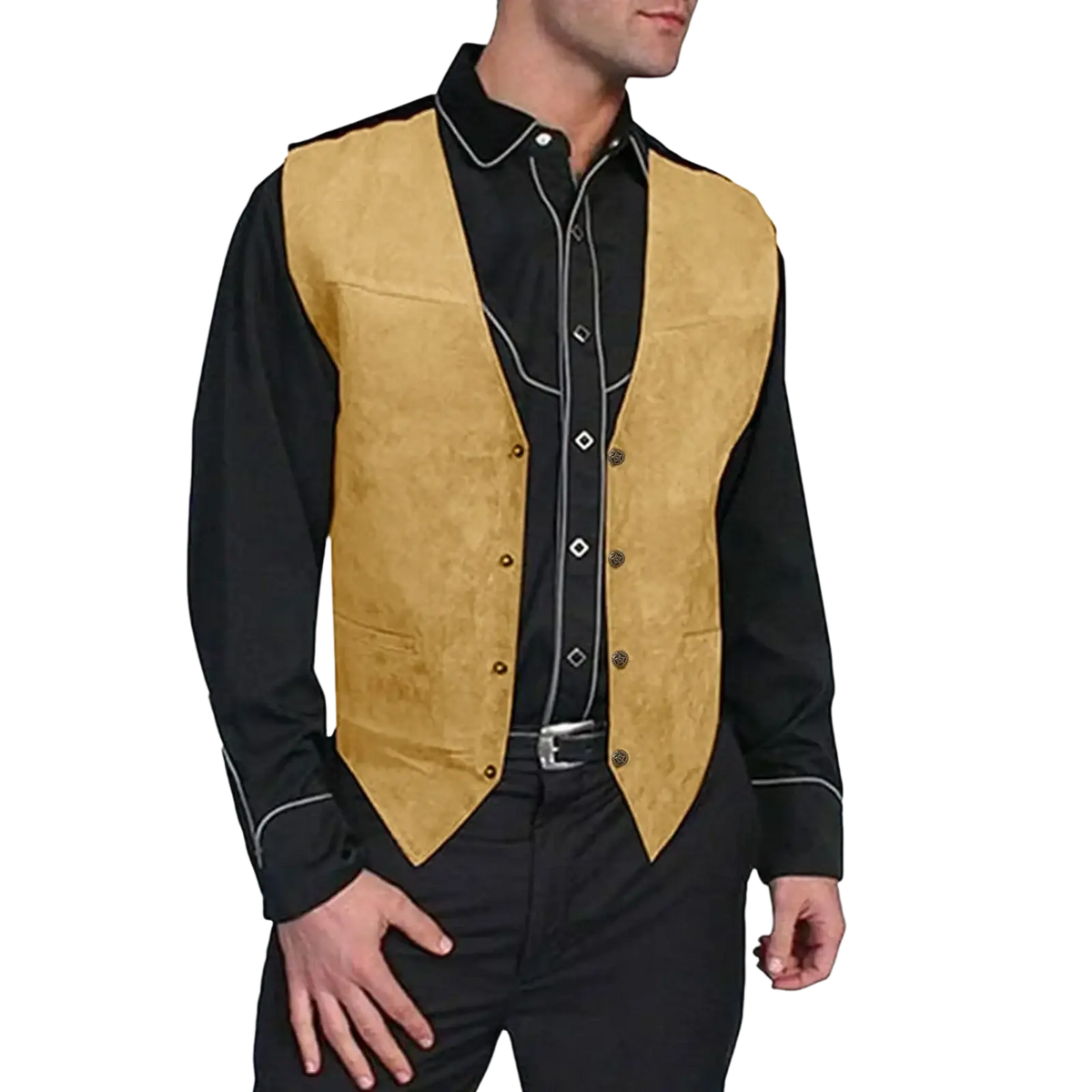 Men formal vest sleeveless outerwear in tan suede with black contrast stitching and silver toned buttons