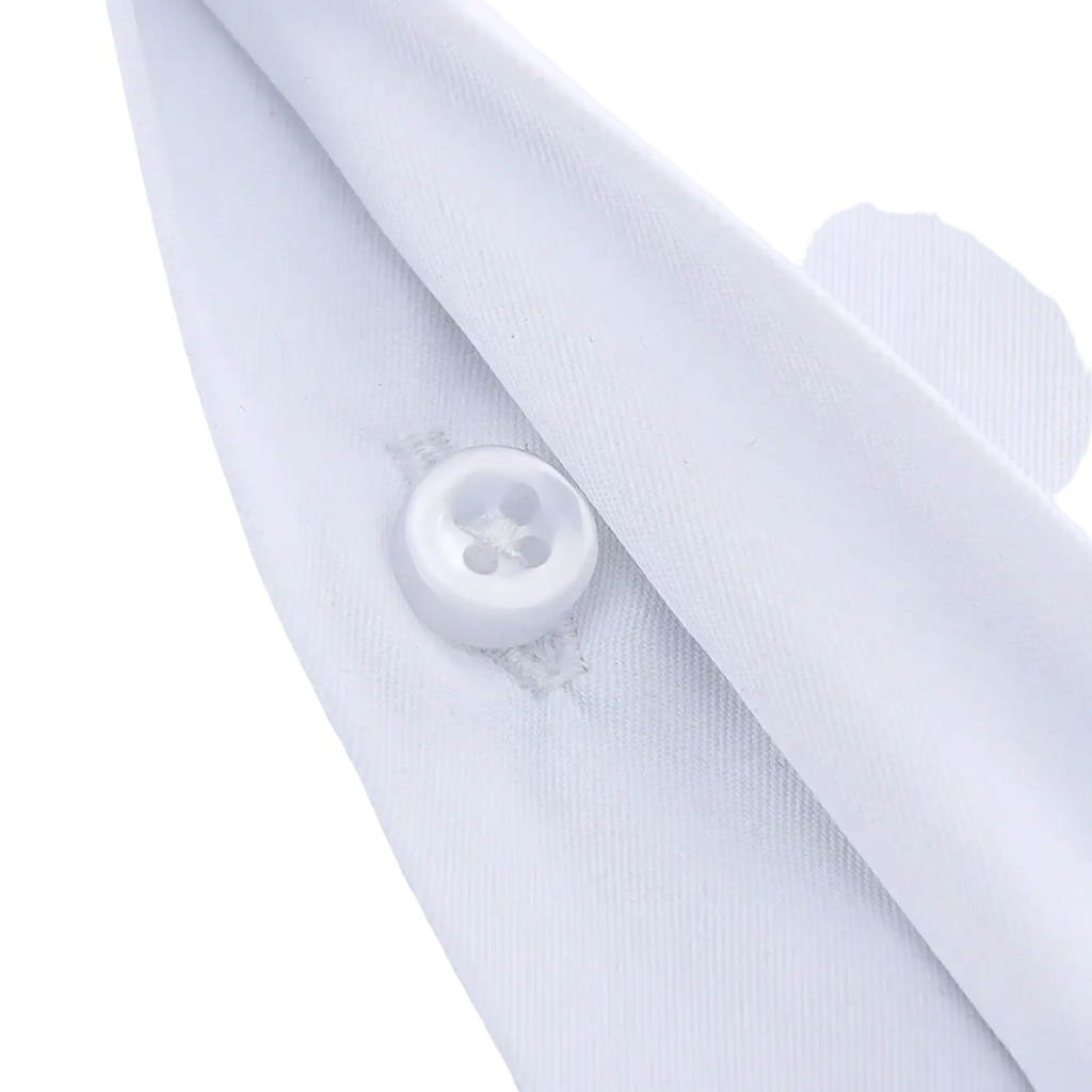A crisp white button with subtle sheen on a fine weave white fabric of men french cuff dress shirt business formal