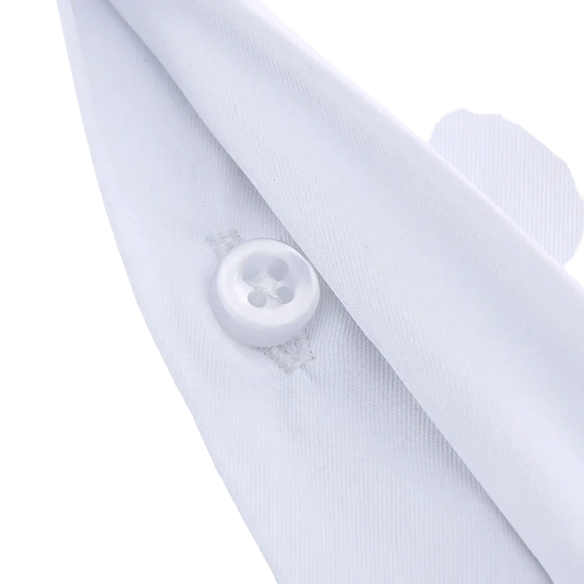 A crisp white button with subtle sheen on a fine weave white fabric of men french cuff dress shirt business formal