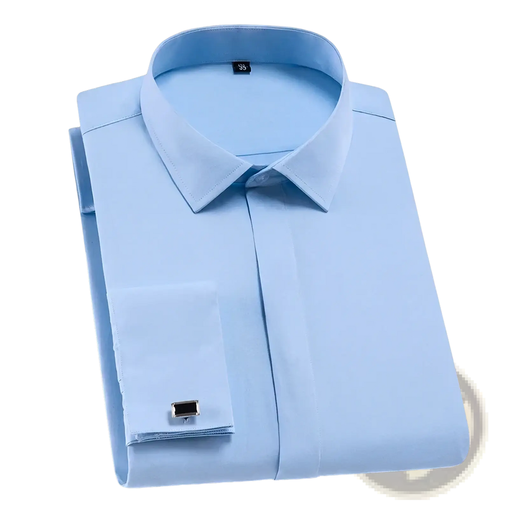 Men French cuff dress shirt white business formal featuring a crisp light blue fabric with classic collar and cufflinks