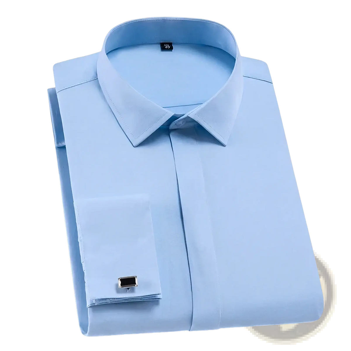 Men French cuff dress shirt white business formal featuring a crisp light blue fabric with classic collar and cufflinks