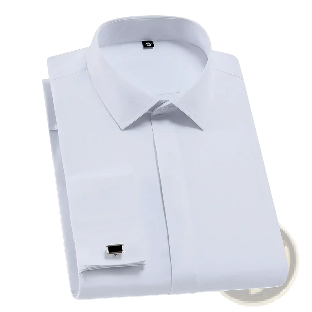 Men french cuff dress shirt white business formal featuring a crisp classic collar with silver cufflinks and buttoned cuffs