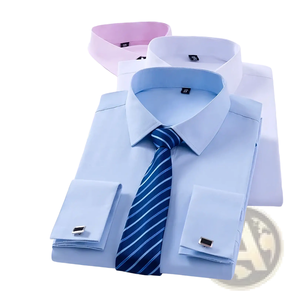 Men French cuff dress shirt white business formal featuring light blue fabric classic collar and silver cufflinks