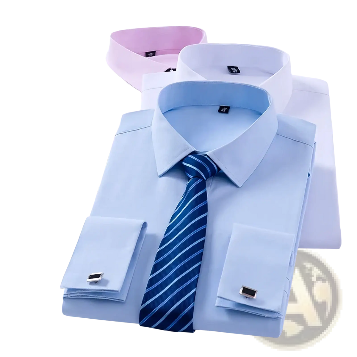 Men French cuff dress shirt white business formal featuring light blue fabric classic collar and silver cufflinks