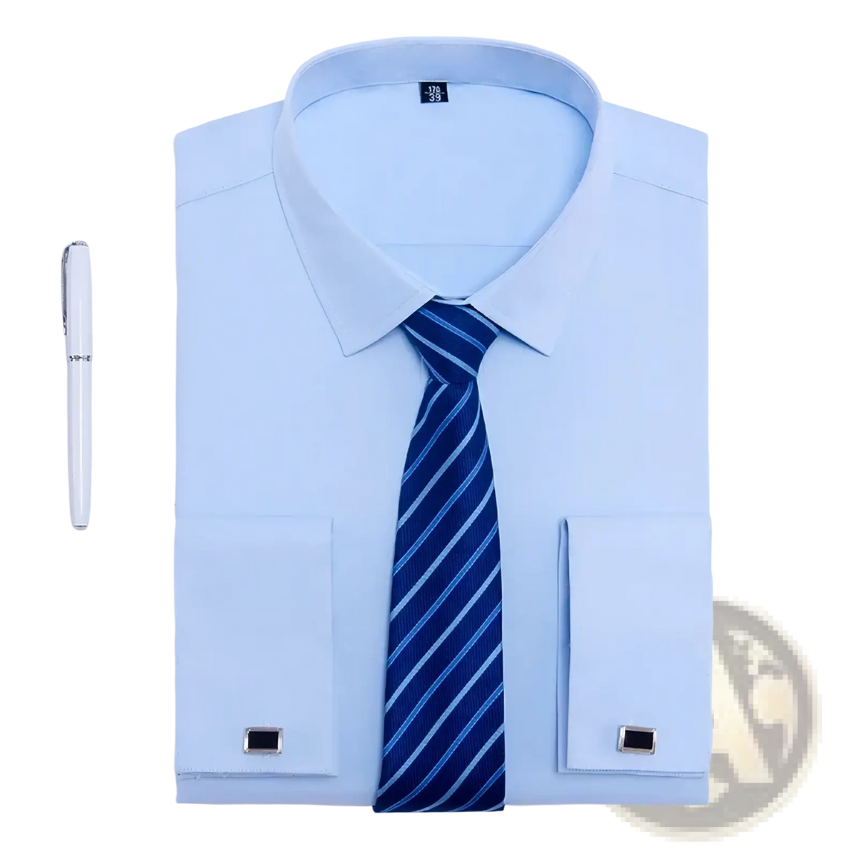 Men french cuff dress shirt white business formal with light blue color navy white striped tie silver cufflinks pocket square