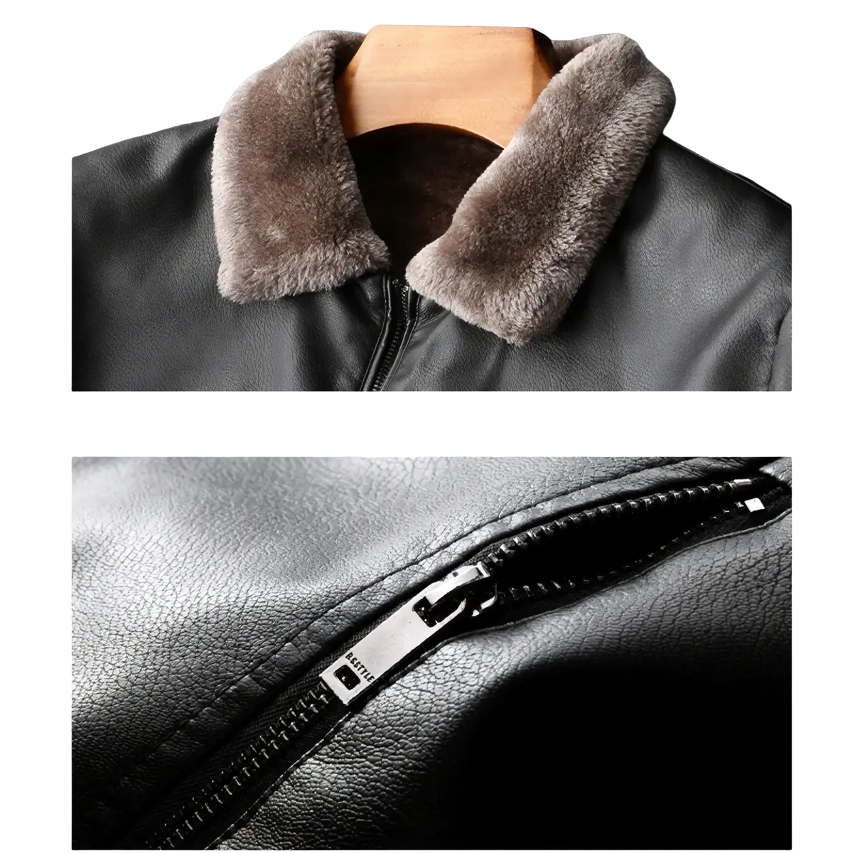 Men fur collar leather jacket winter coat in black with plush gray faux fur collar and silver zipper pull