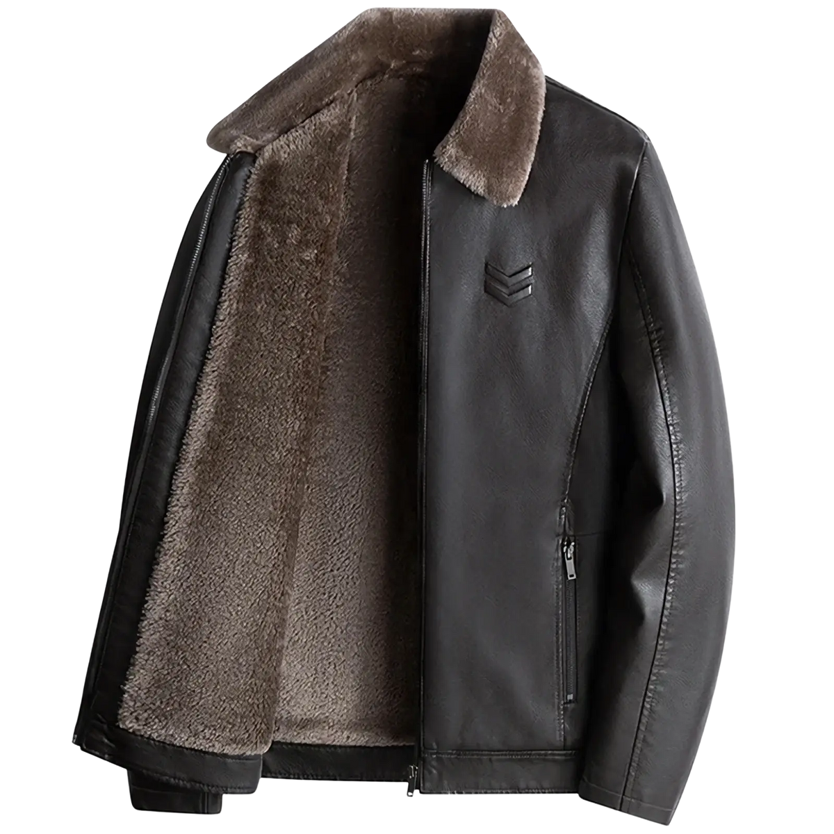 Men fur collar leather jacket winter coat in black leather with plush brown shearling collar and lining