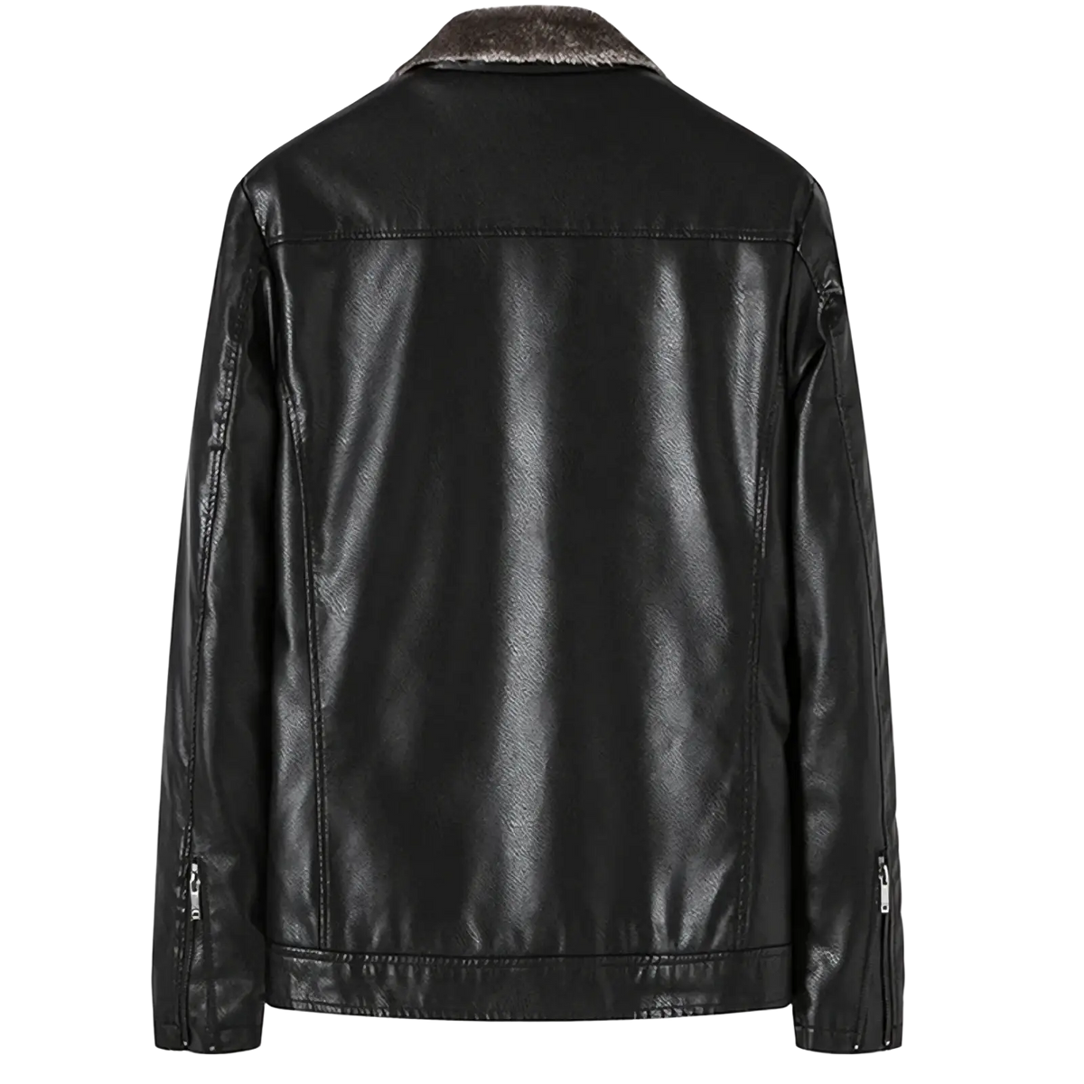 Men fur collar leather jacket winter coat in black faux leather with a plush dark brown fur-lined collar