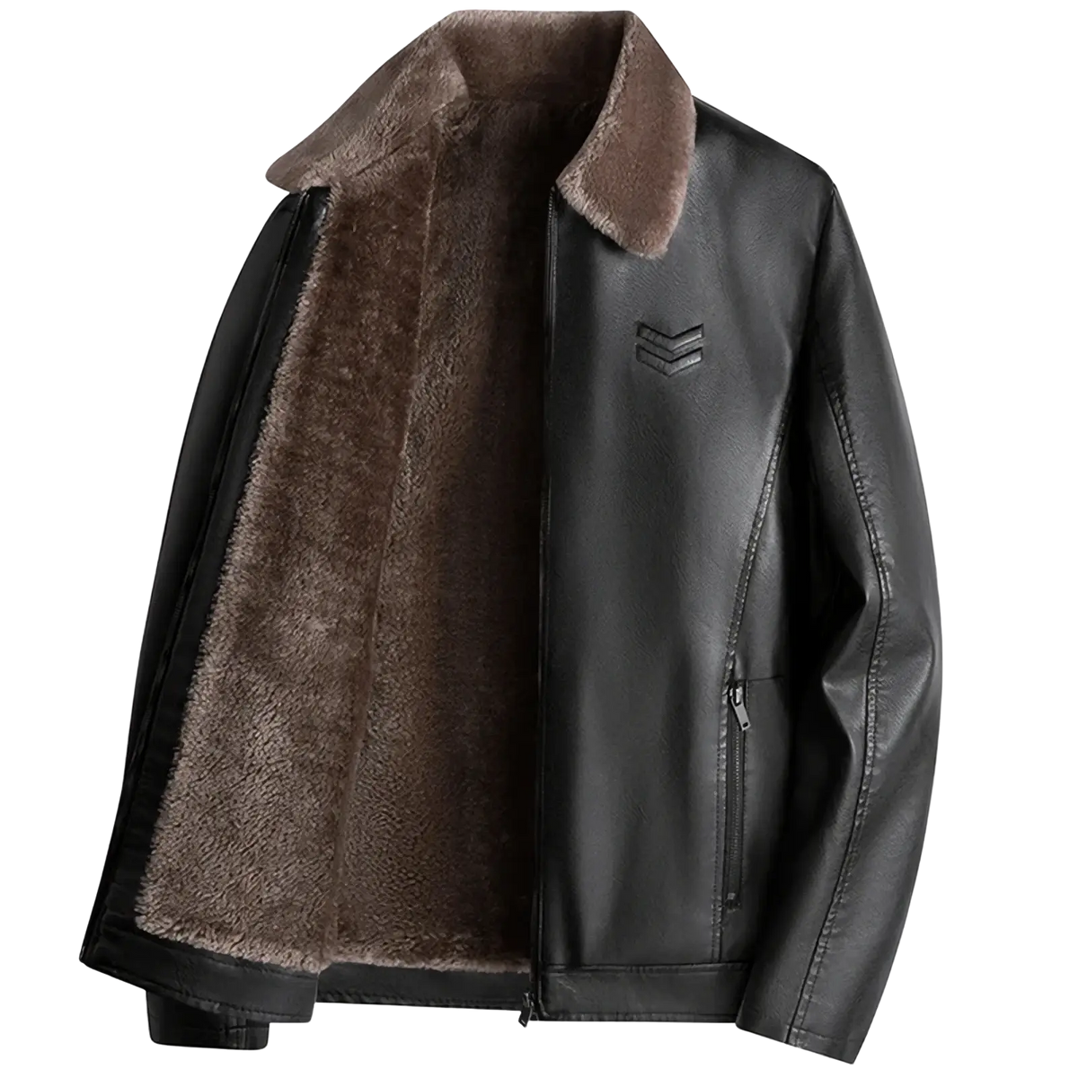 Men fur collar leather jacket winter coat in black faux leather with plush brown shearling lining and collar