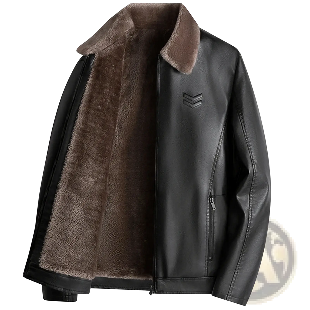 Men fur collar leather jacket winter coat in black faux leather with plush brown shearling collar and lining for winter use