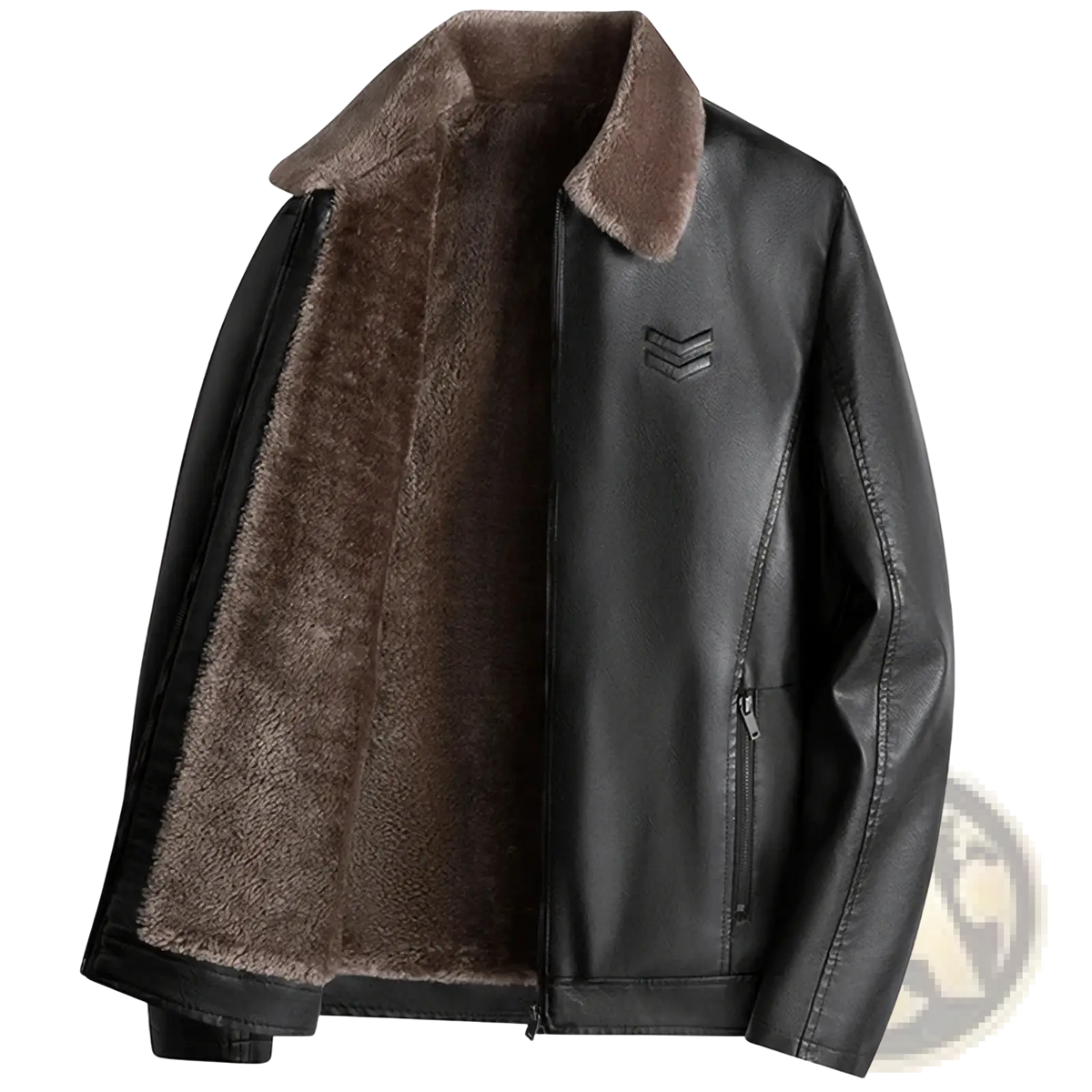 Men fur collar leather jacket winter coat in black faux leather with plush brown shearling collar and lining for winter use