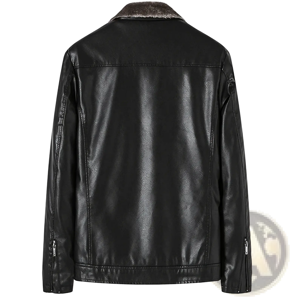 Men fur collar leather jacket winter coat in black faux leather with a plush dark brown fur-lined collar