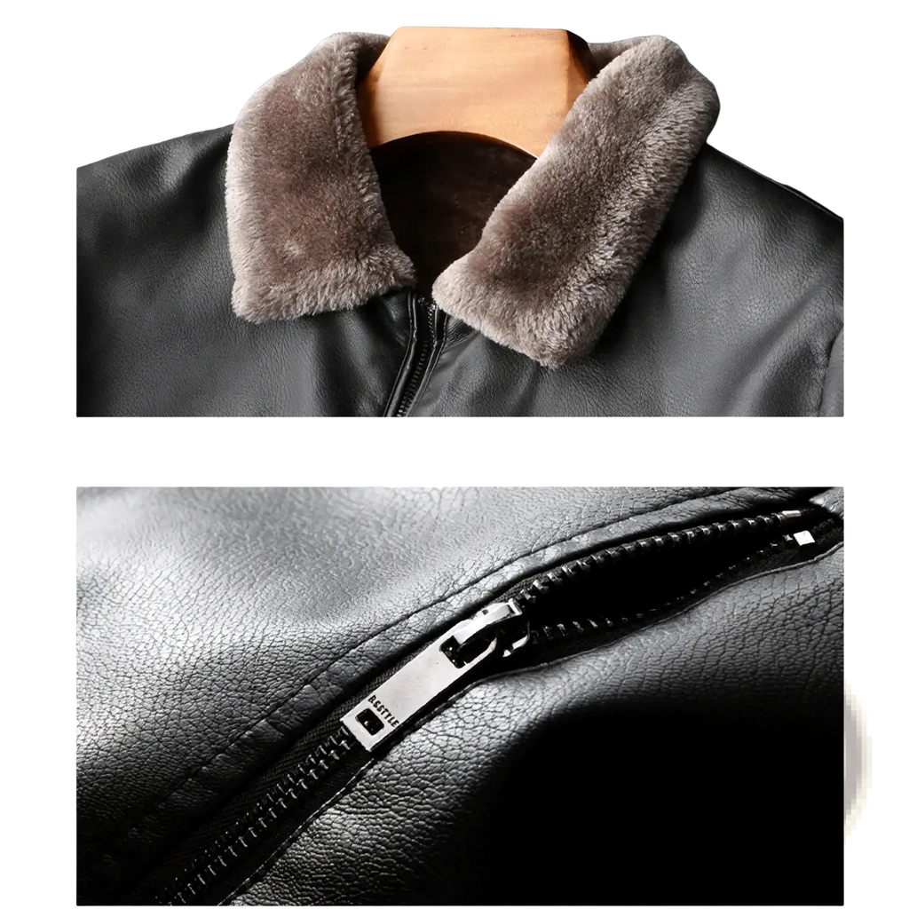 Men fur collar leather jacket winter coat in black with plush gray faux fur collar and silver zipper pull