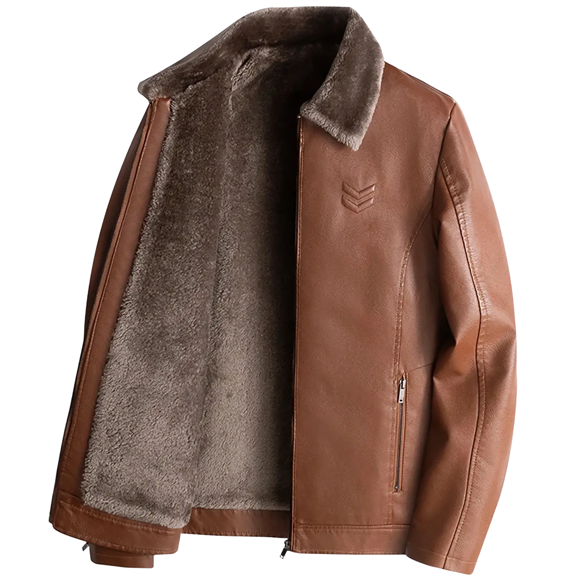 Men fur collar leather jacket in brown faux leather with plush gray shearling-lined collar and interior for winter wear