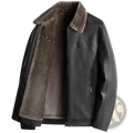 Men fur collar leather jacket winter coat in black leather with plush brown shearling collar and lining