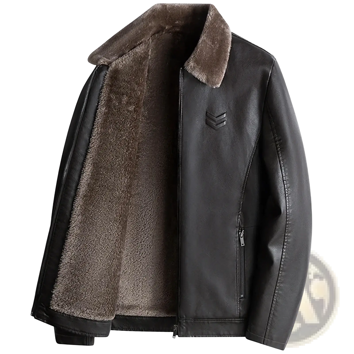 Men fur collar leather jacket winter coat in black leather with plush brown shearling collar and lining