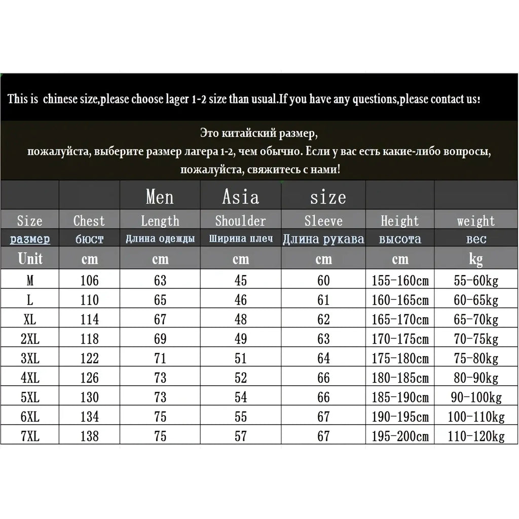 Size chart for men fur collar leather jacket winter coat showing chest length shoulder sleeve height and weight measurements from m to 7xl