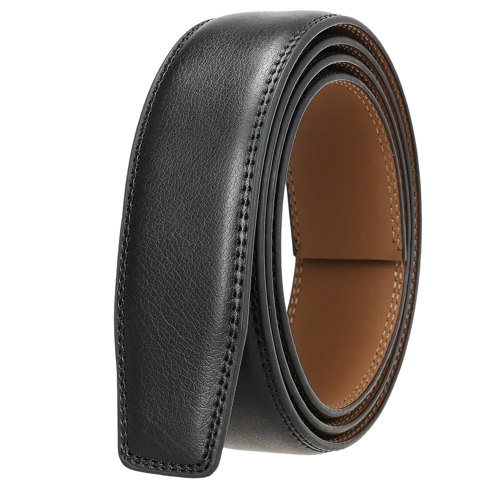 Men genuine leather belt without buckle in black with tan inner lining and precise edge stitching 3.5cm wide