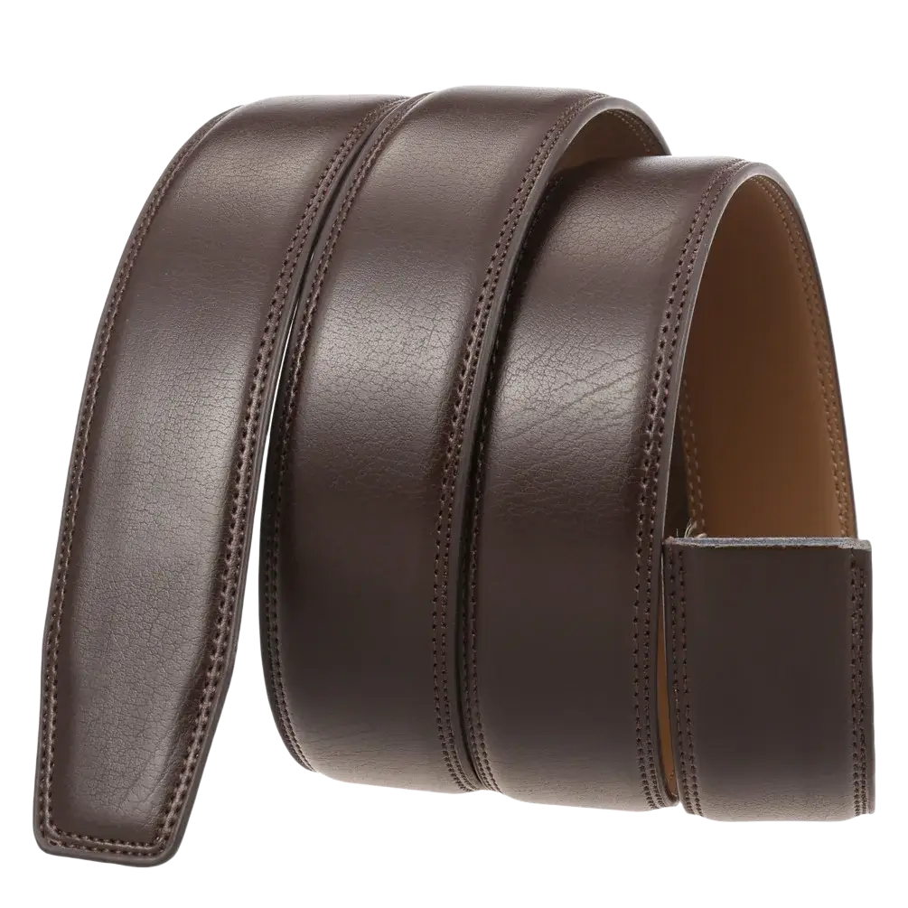 Men genuine brown leather belt no buckle with a smooth textured surface and precise edge stitching 3.5cm wide