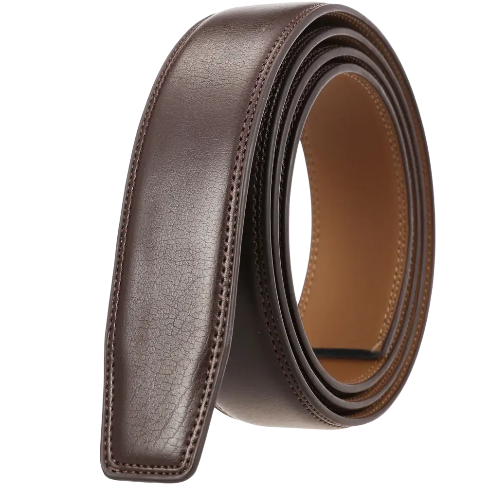 Men genuine leather belt no buckle 3.5cm in brown with smooth textured surface and visible edge stitching