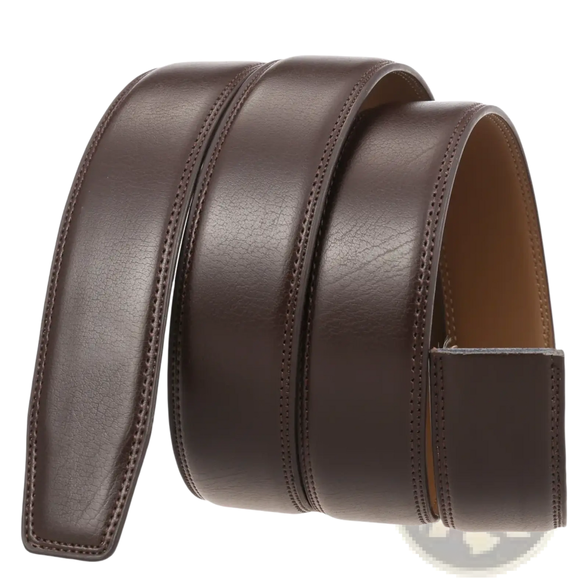 Men genuine brown leather belt no buckle with a smooth textured surface and precise edge stitching 3.5cm wide
