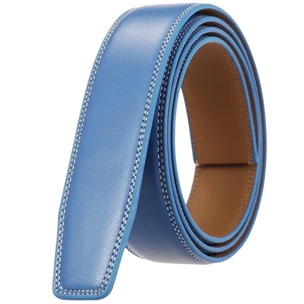 A sleek light blue men genuine leather belt with white stitching and tan inner lining measuring 3.5cm without buckle