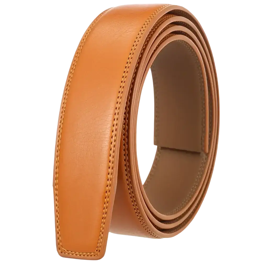 Men genuine leather belt no buckle 3.5cm in tan with precise stitching and smooth, supple texture