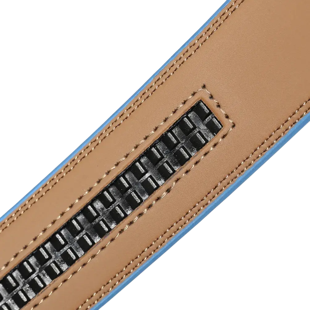 Men genuine leather belt no buckle 3.5cm in tan with light blue edge and contrasting stitching featuring black zipper pull