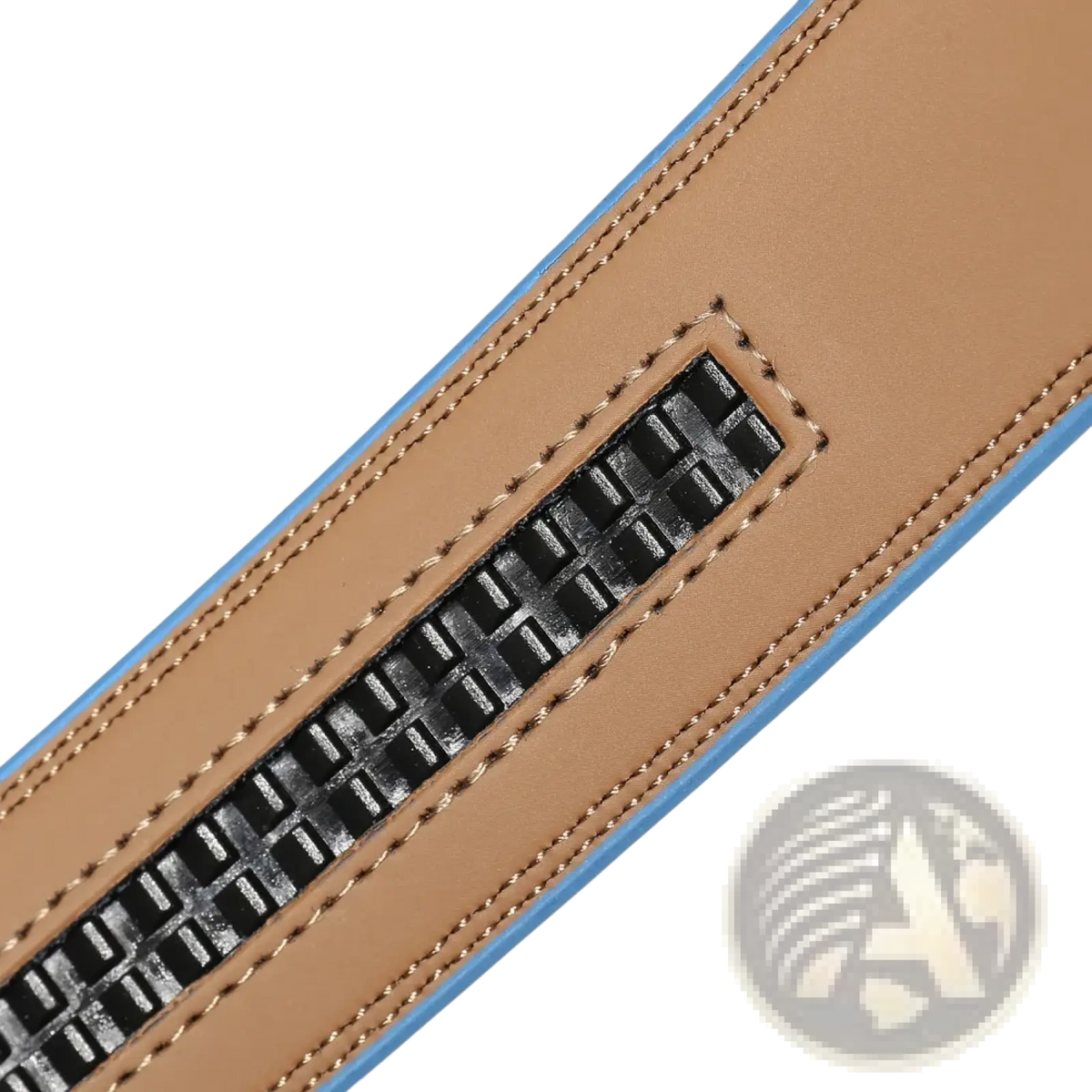 Men genuine leather belt no buckle 3.5cm in tan with light blue edge and contrasting stitching featuring black zipper pull