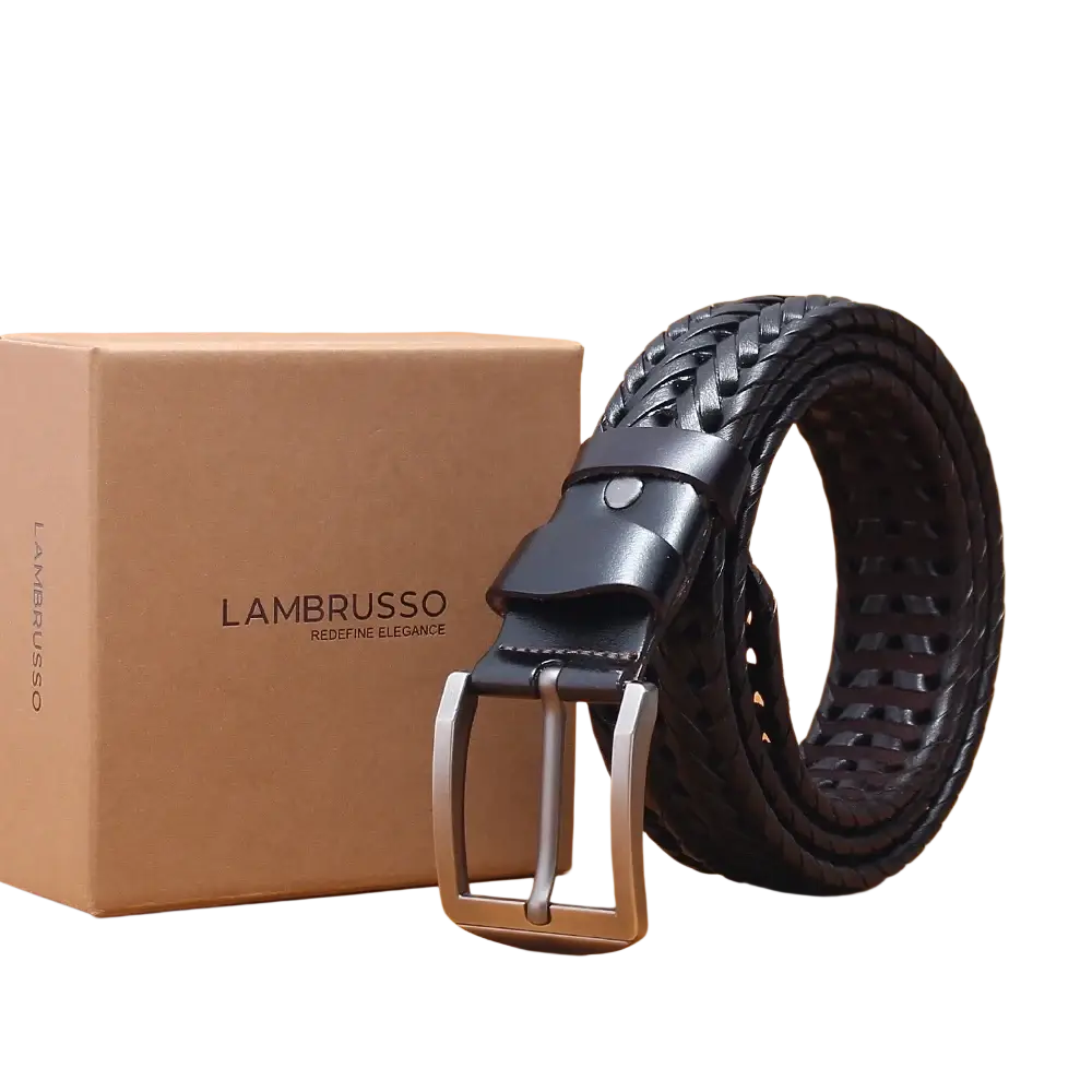 Men genuine leather braided belt in black with a silver toned buckle displayed with its branded box