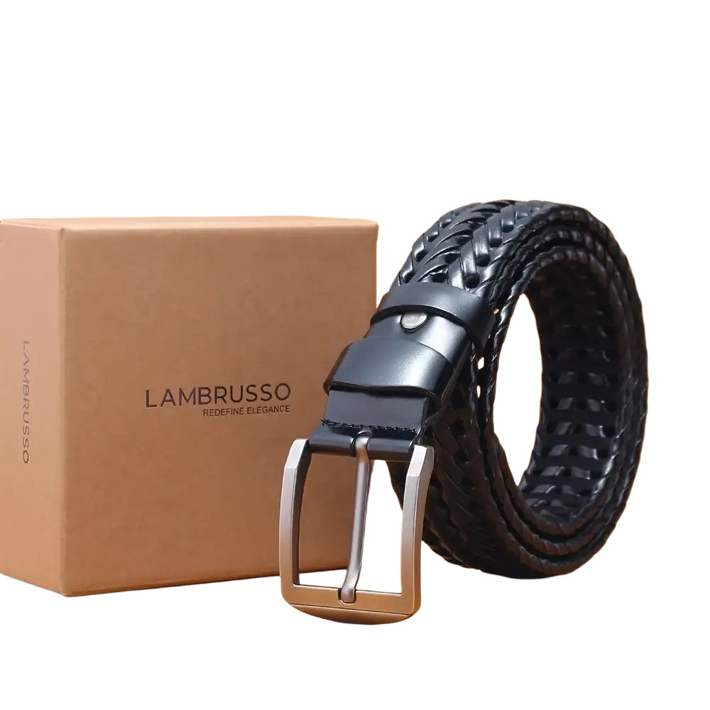 Men genuine leather braided belt in black with silver buckle and matte black keeper in lambretta packaging