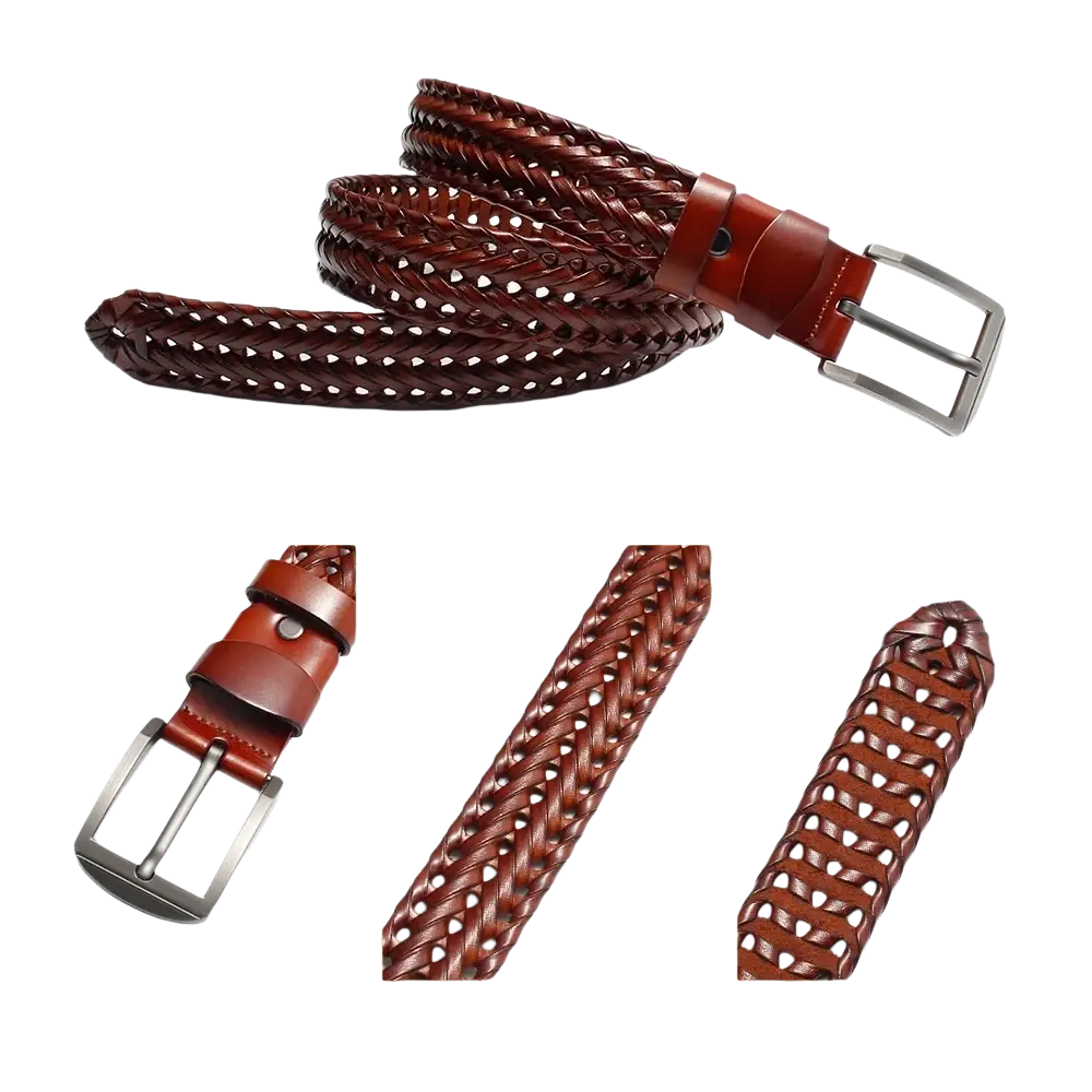 Men genuine leather braided belt in brown with a silver alloy buckle ideal for casual or formal wear