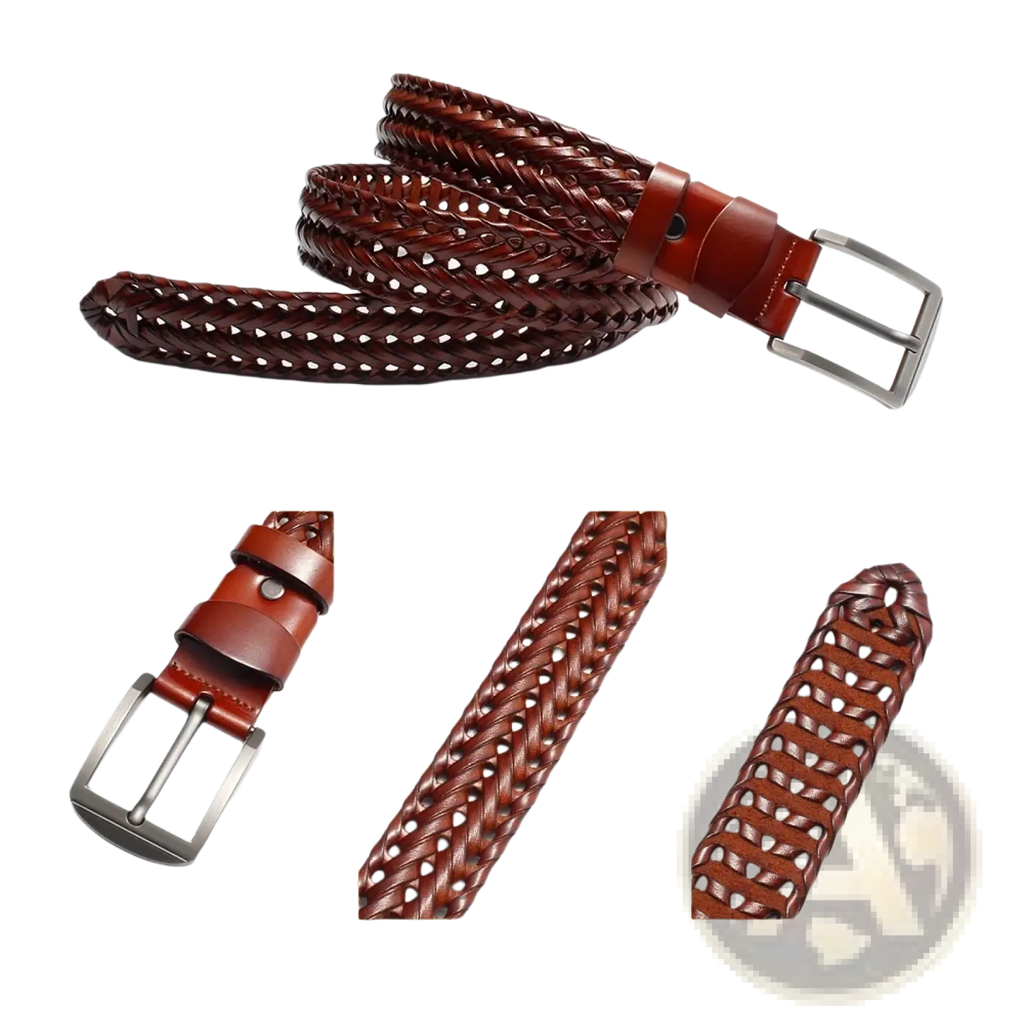 Men genuine leather braided belt in brown with a silver alloy buckle ideal for casual or formal wear