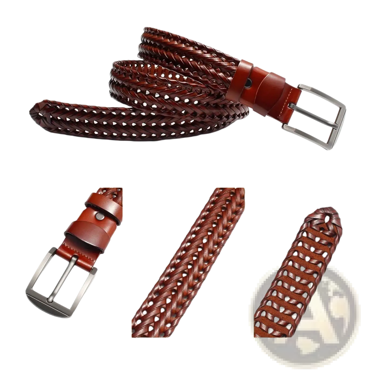 Men genuine leather braided belt in brown with a silver alloy buckle ideal for casual or formal wear