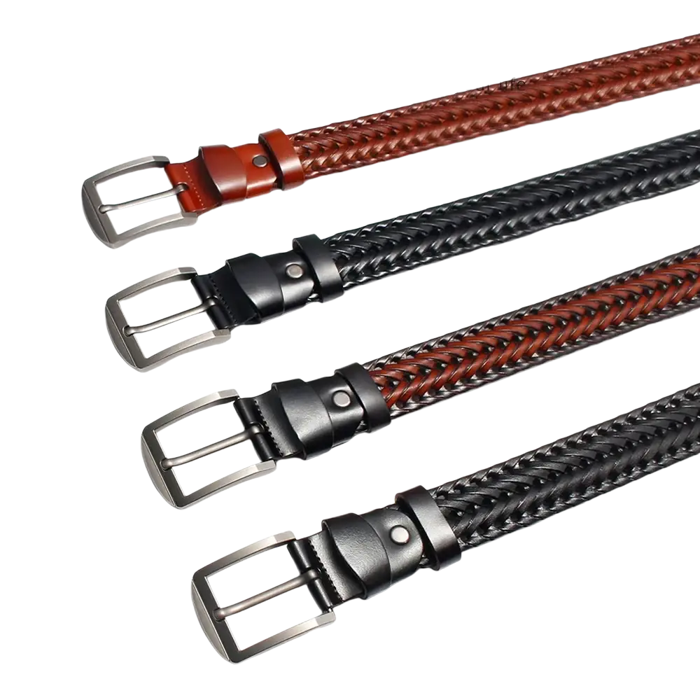 Men genuine leather braided belt set featuring brown black and two tone leather with silver toned buckles