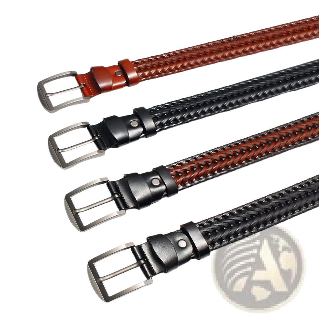 Men genuine leather braided belt set featuring brown black and two tone leather with silver toned buckles